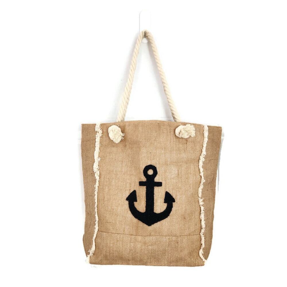 Nautical Anchor Themed Women's Beige Large Burlap Tote